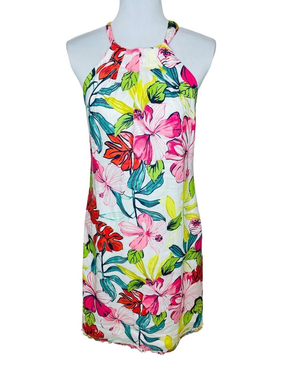 Tommy Bahama Hibis-Sketch Linen Halter Shift Dress Vibrant Tropical Floral Print